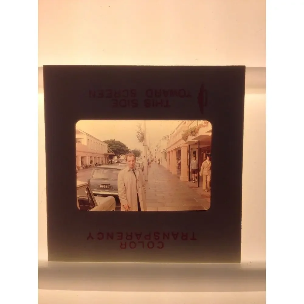 Vtg 1969 Man in Trench Coat Street UK England British Cars Photo Color Slide